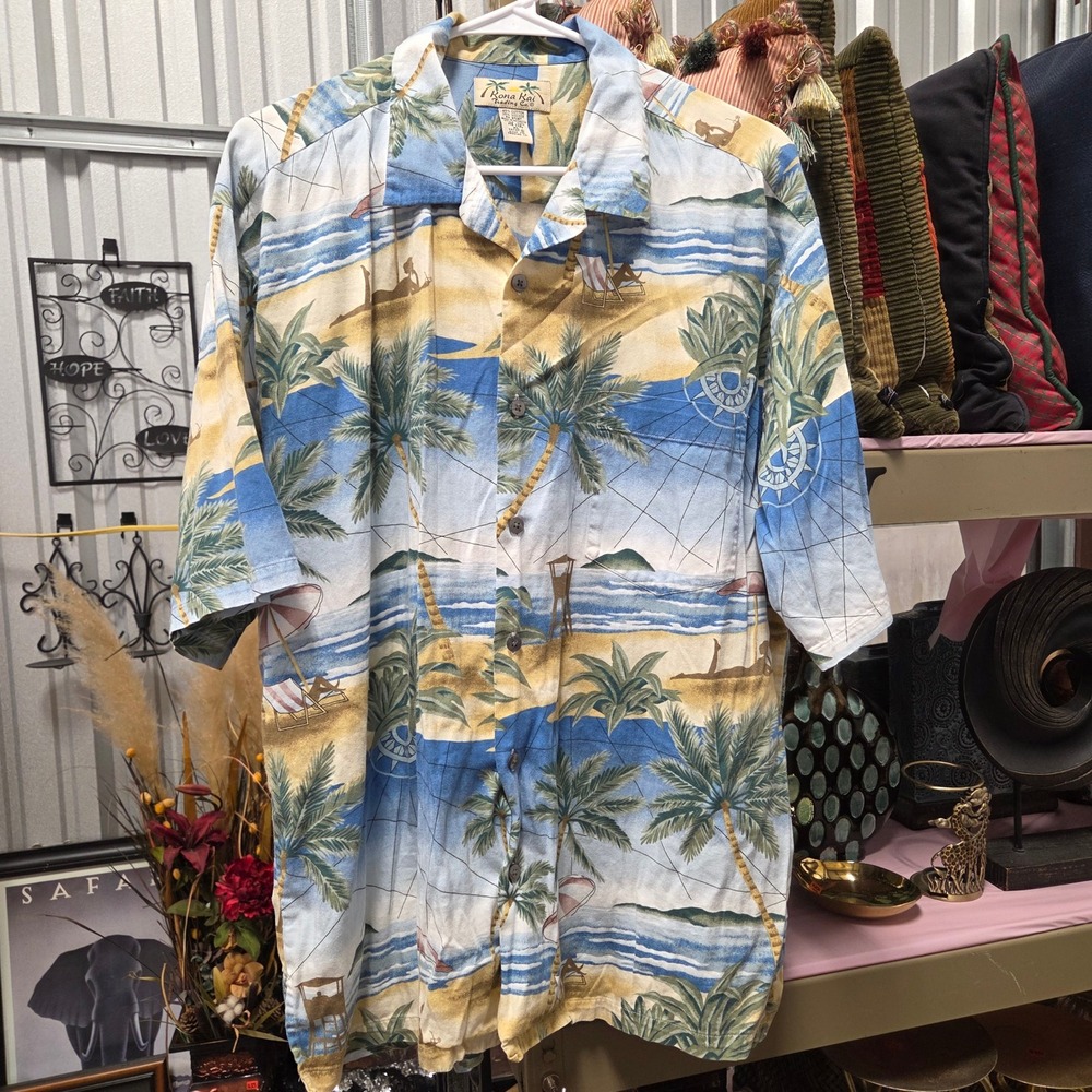 Kona Kai Trading Co Mens XL Hawaiian Shirt Tropical Beach Scene Button Up